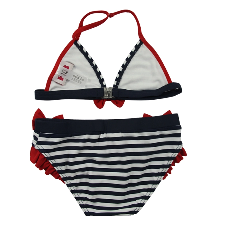 Costume da bagno bikini per ragazze con strisce blu scuro e fiocchi rossi