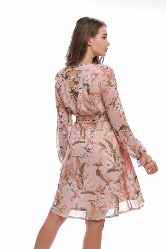 Abiti da donna floreali in tessuto chiffon con scollo a V rosa