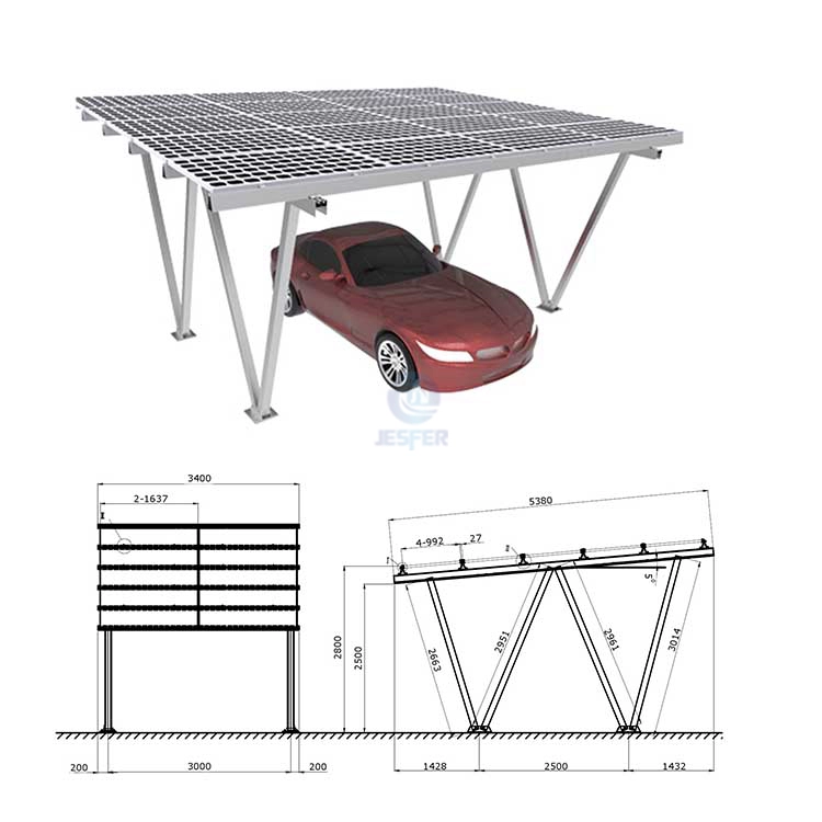 Strutture di tettoie per garage solari fotovoltaiche in materiale di alluminio per due auto