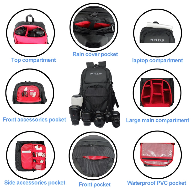 Zaino per fotocamera DSLR Borsa per fotocamera resistente all'acqua Custodia per laptop fino a 15,6 pollici, divisori imbottiti personalizzati, supporto per treppiede, copertura antipioggia