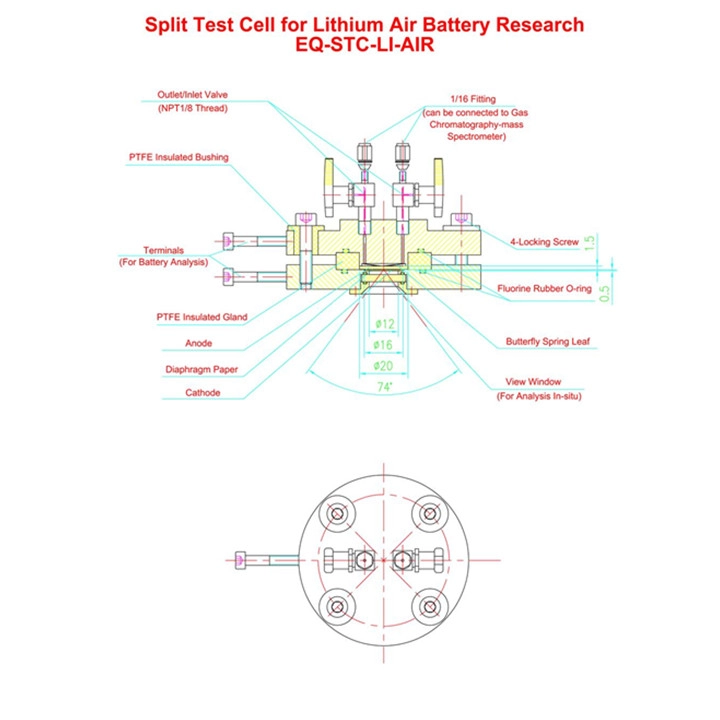 Cella di prova divisa per la ricerca sulla batteria al litio-aria