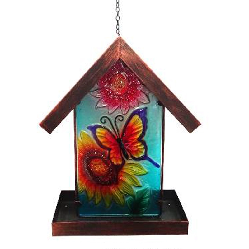Mangiatoia per uccelli con farfalle in vetro - Ornamento da giardino solare da appendere all'aperto, cortile Art