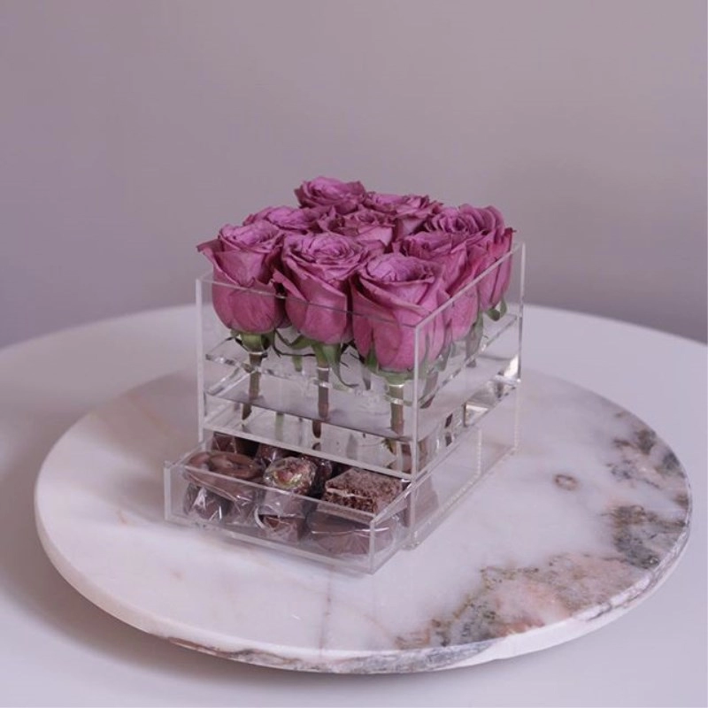 Scatola di rose di fiori in acrilico di lusso personalizzata con cassetto
