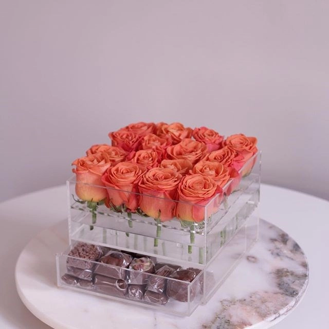 Scatola di rose di fiori in acrilico di lusso personalizzata con cassetto