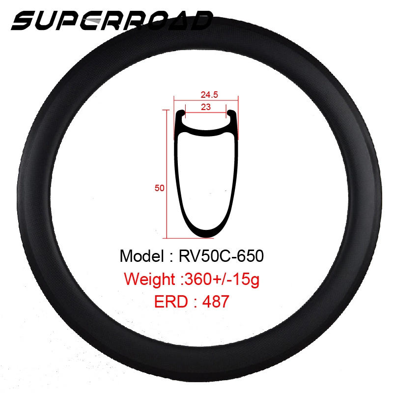 Cerchio 650C per bicicletta in carbonio per copertoncino da 23 mm di larghezza e 50 mm di profondità