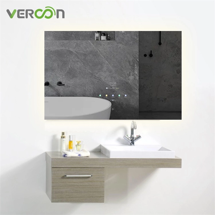 Specchio da bagno intelligente con touch screen con luce retroilluminata, montaggio a parete intelligente, telaio in alluminio leggero a LED