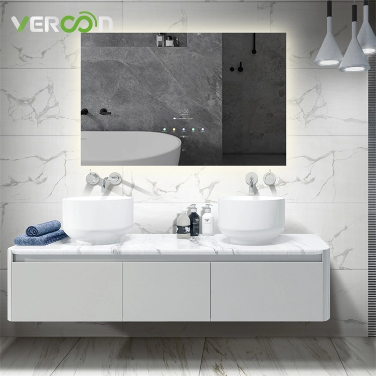 Specchio da bagno intelligente con touch screen con luce retroilluminata, montaggio a parete intelligente, telaio in alluminio leggero a LED