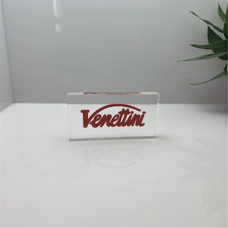 blocco del logo in acrilico trasparente da tavolo trasparente con logo stampato