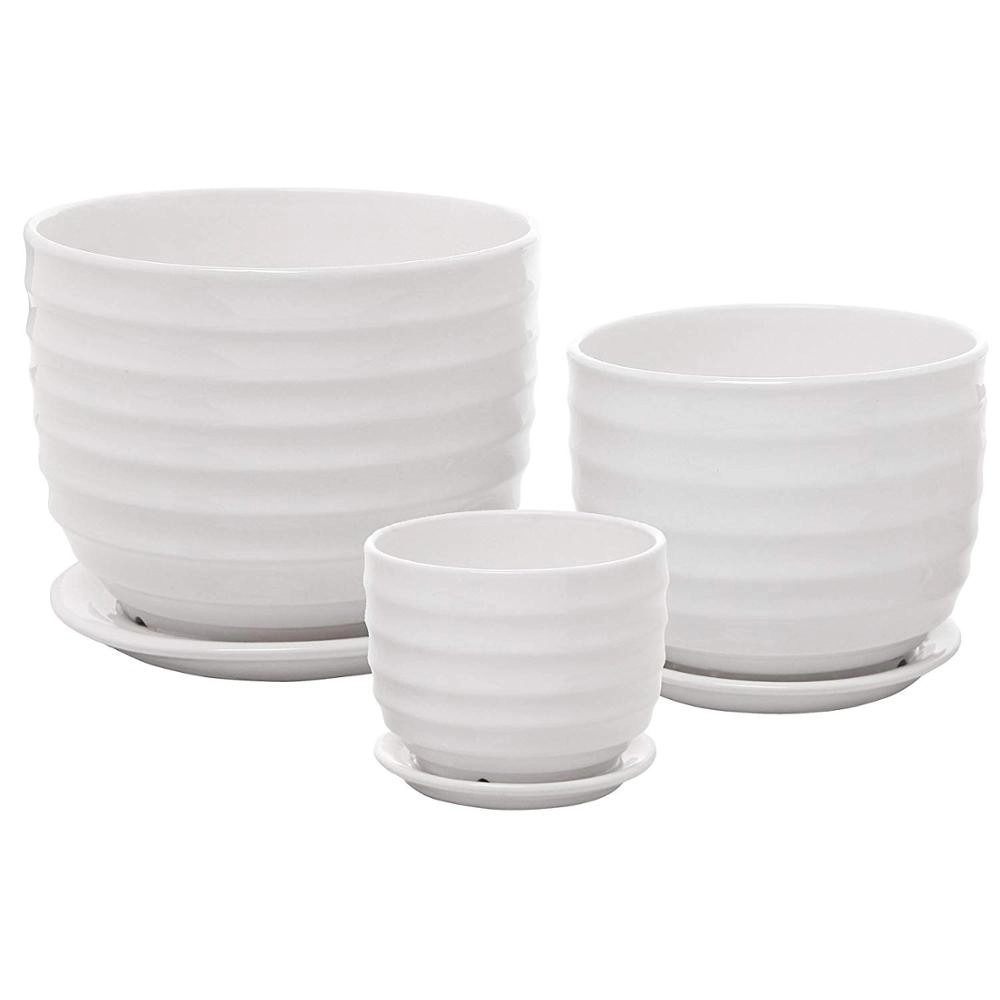 Vasi da giardino rotondi in ceramica bianca smaltata per interni con piattini set di 3