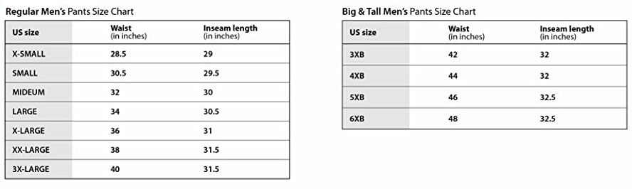 sweatpants size chart