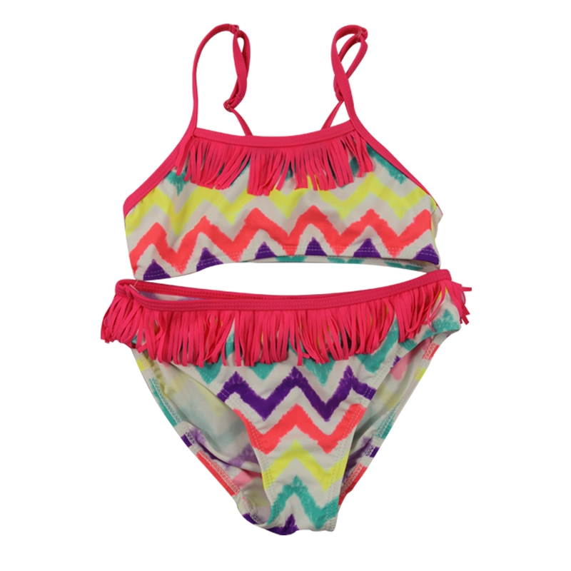 Costume da bagno bikini per ragazze con frange e strisce arcobaleno ondulate