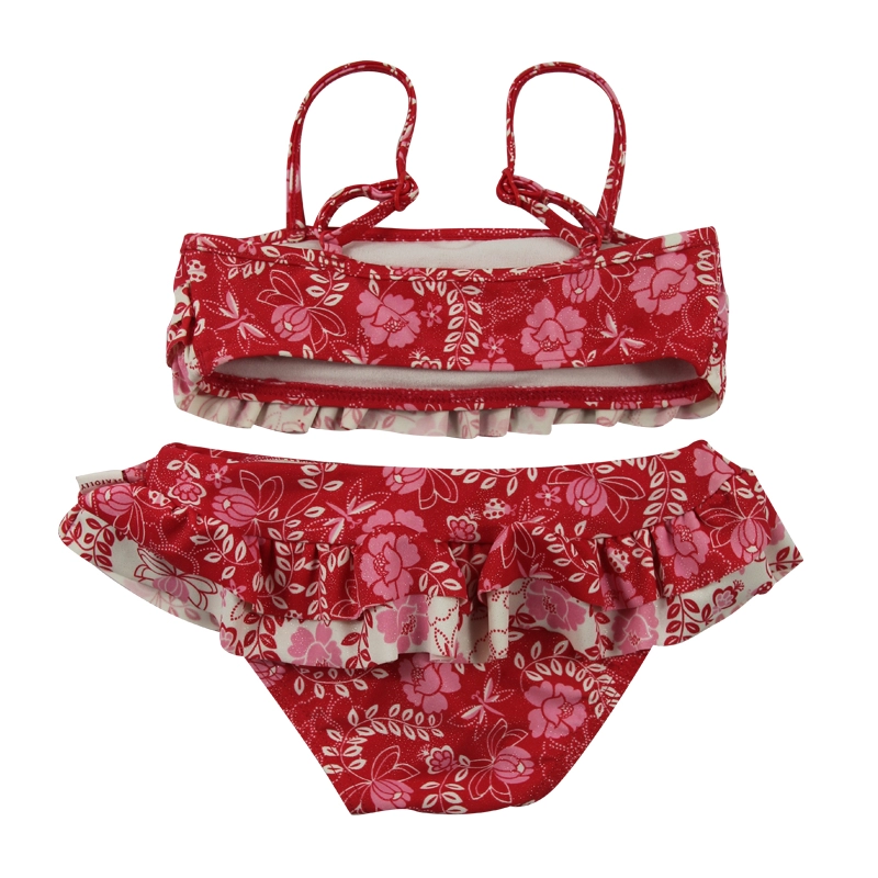 Set bikini per bambina con fiori tropicali rossi multi-increspature