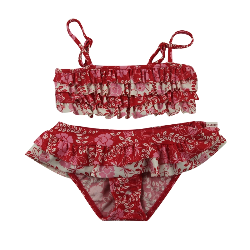 Set bikini per bambina con fiori tropicali rossi multi-increspature