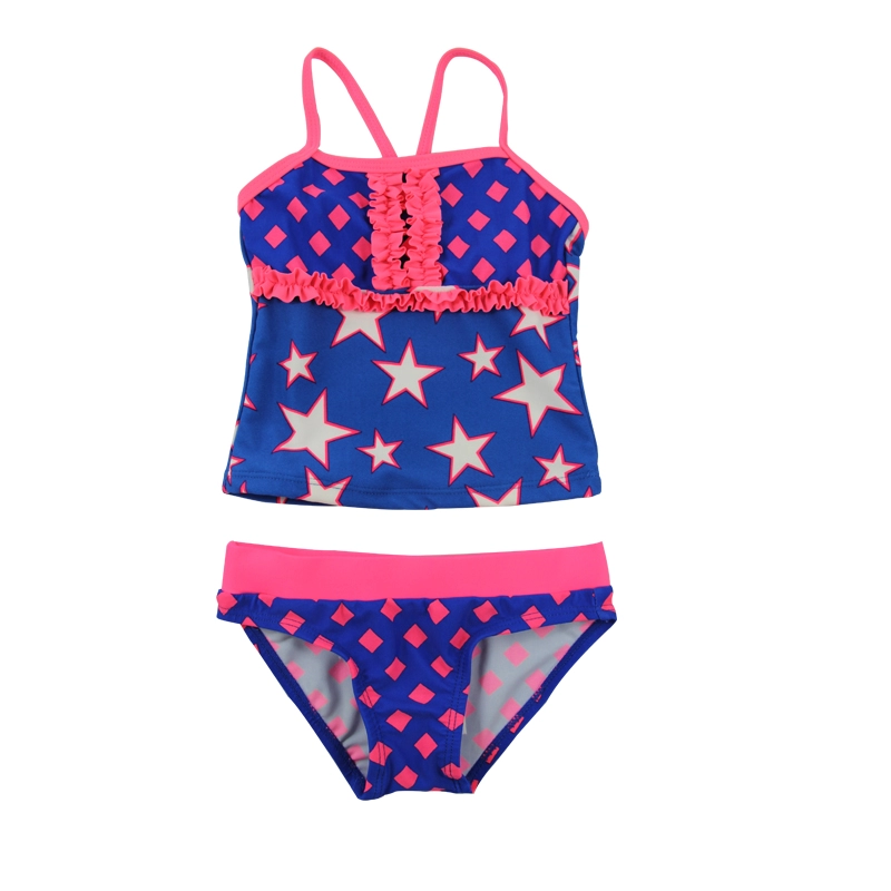 Costumi da bagno da spiaggia con volant per ragazze blu e rosa con stelle
