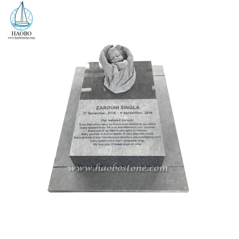 Monumento a pennarello scolpito con angelo bambino in granito grigio personalizzato
