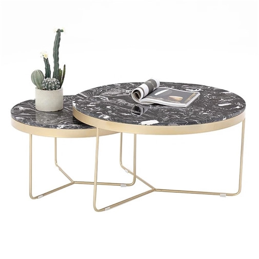 Tavolino da caffè rotondo in marmo in metallo dorato