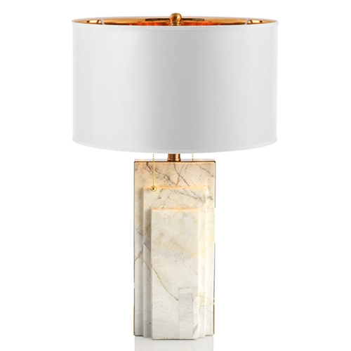 Lampada da tavolo moderna in marmo bianco con paralume cartonato in lino tamburo