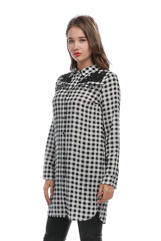 Produttore Plaid Perline Appliques Manica Lunga Vestiti Autunnali Button Down Camicia Lunga da Donna