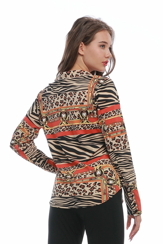 Camicia da donna casual con stampa leopardata a maniche lunghe con colletto rovesciato in poliammide e spandex primaverile