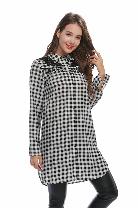 Produttore Plaid Perline Appliques Manica Lunga Vestiti Autunnali Button Down Camicia Lunga da Donna