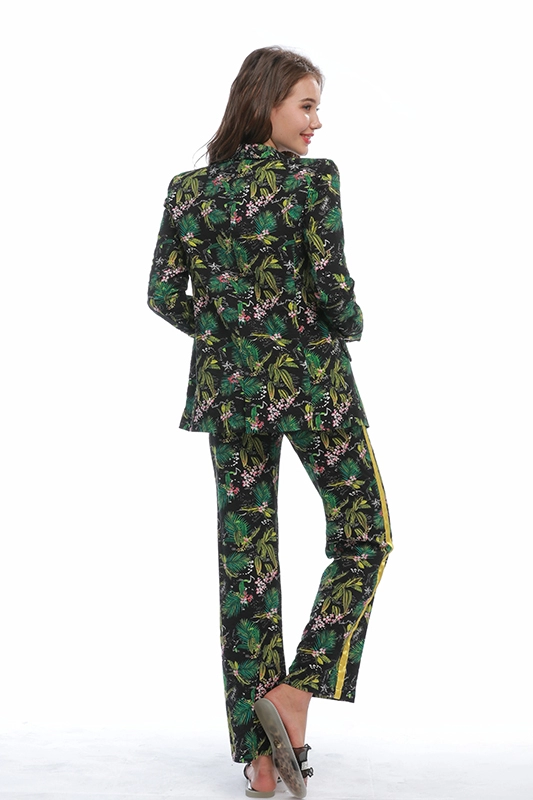 Abiti casual con stampa floreale verde sottile Blazer Pantaloni dritti elasticizzati in vita con nastro stampato Set completo in due pezzi