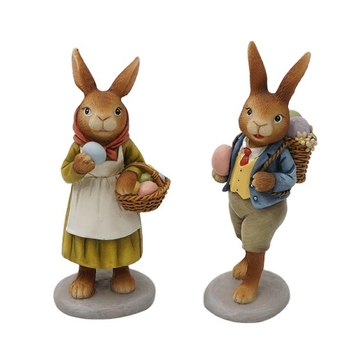 Figurine di coppia di coniglietti con decorazione pasquale in resina
