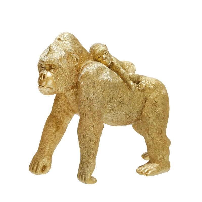 Statuetta in resina dorata con madre e bambino gorilla sulla schiena