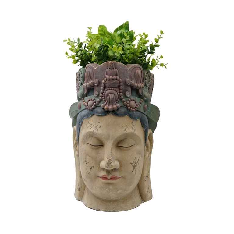 Fioriera vintage in resina con testa di Buddha
