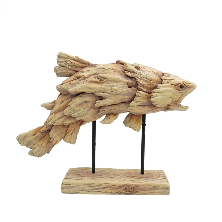Scultura di pesce che salta in resina con design in legno alla deriva