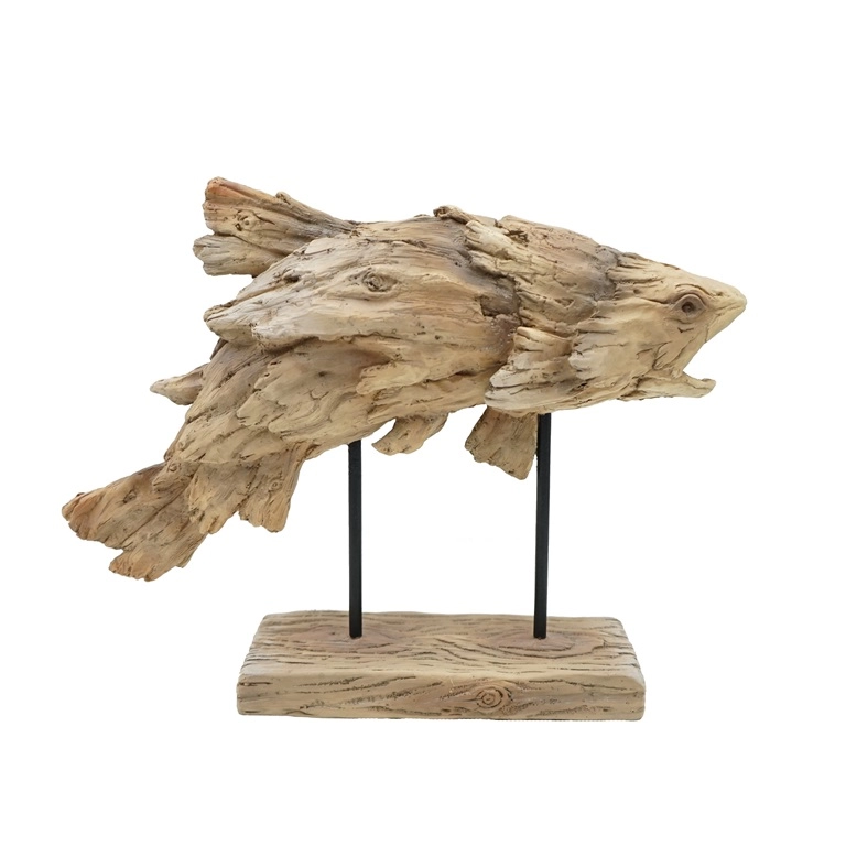 Scultura di pesce che salta in resina con design in legno alla deriva