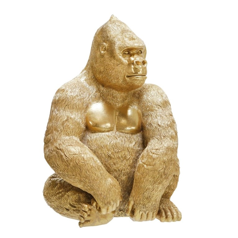 Statuetta di gorilla seduto dorato in resina