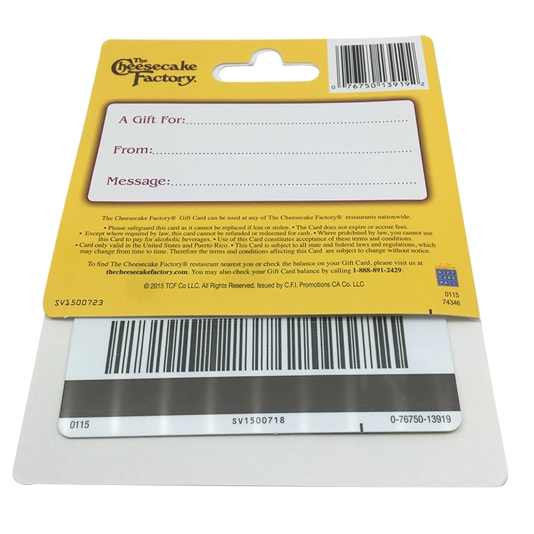 Biglietto promozionale aziendale regalo in plastica di dimensioni standard con supporto/supporto in carta personalizzato