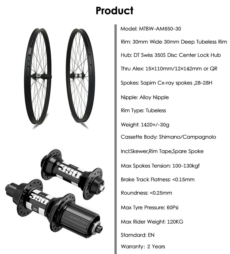 Condizioni perfette Set di ruote per mountain bike Ruote in carbonio per bicicletta leggera Superroad Set di ruote 650B XC Profondità 30mm Tubeless per bicicletta